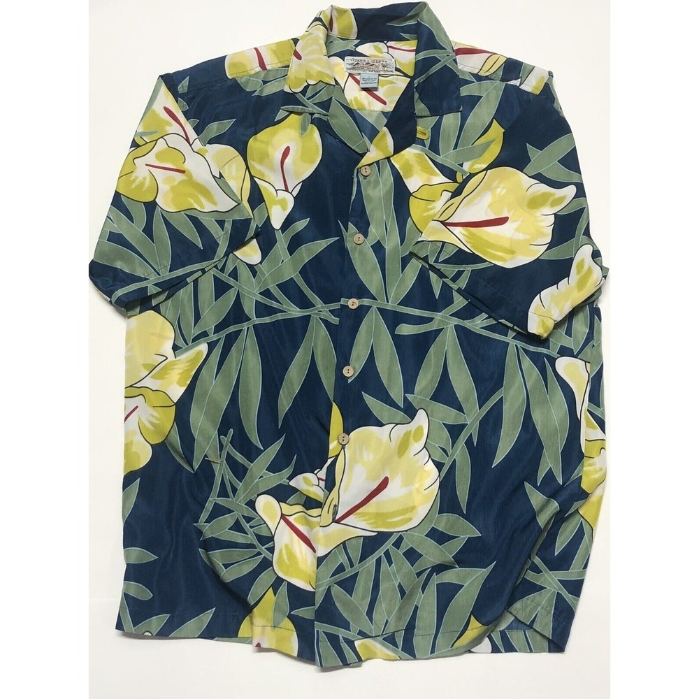 Island Style ‎ Hawaiian Shirt Large Blue Yellow Floral Short Sleeve Button Up